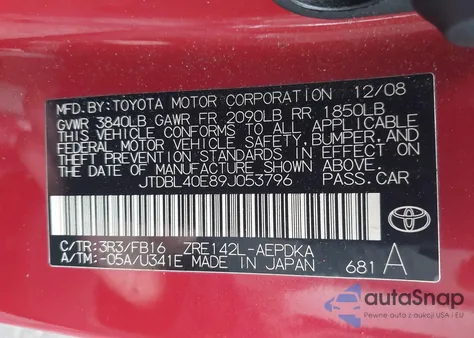 2009 Toyota Corolla Le z USA, uszkodzony, nr VIN JTDBL40E89J053796